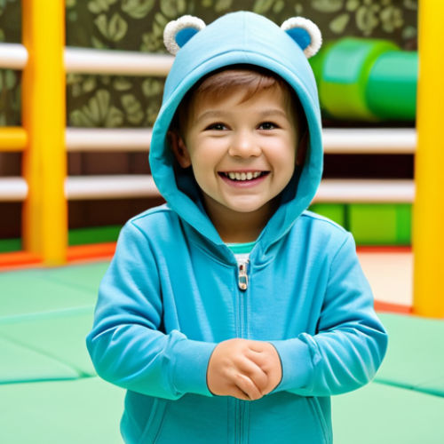 A joyful young child, approximately 4-5 years old, wearing a soft, comfortable organic cotton hoodie in a light blue color. The hoodie is fully clothed, modest clothing, and features a subtle animal print pattern. The child is playing happily in a brightly lit, modern indoor play area, surrounded by soft play equipment. The lighting is warm and natural. Perfect anatomy, correct proportions, natural pose, well-formed hands, proper finger count, natural body proportions, professional studio photography, high quality, vibrant, realistic. Safe for work, appropriate content, fully clothed, family-friendly.