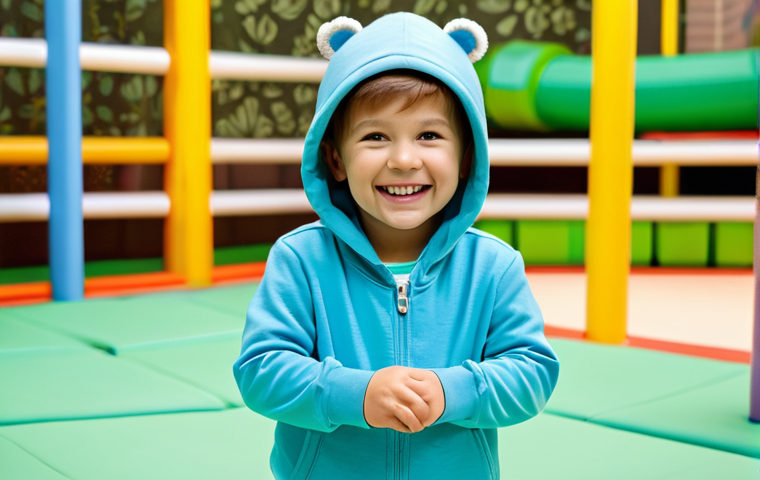 A joyful young child, approximately 4-5 years old, wearing a soft, comfortable organic cotton hoodie in a light blue color. The hoodie is fully clothed, modest clothing, and features a subtle animal print pattern. The child is playing happily in a brightly lit, modern indoor play area, surrounded by soft play equipment. The lighting is warm and natural. Perfect anatomy, correct proportions, natural pose, well-formed hands, proper finger count, natural body proportions, professional studio photography, high quality, vibrant, realistic. Safe for work, appropriate content, fully clothed, family-friendly.