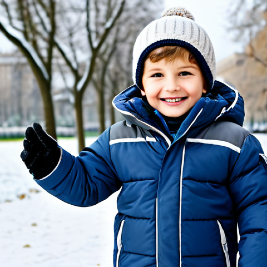 **

A young child, fully clothed in a modest, high-quality padded jacket appropriate for winter, stands in a snow-dusted park. The jacket has a hood and pockets. The child is smiling, with well-formed hands and correct proportions. Safe for work, appropriate content, professional photo, family-friendly.

**