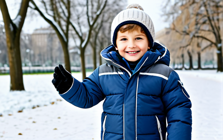 **

A young child, fully clothed in a modest, high-quality padded jacket appropriate for winter, stands in a snow-dusted park. The jacket has a hood and pockets. The child is smiling, with well-formed hands and correct proportions. Safe for work, appropriate content, professional photo, family-friendly.

**