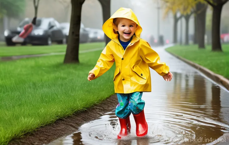 아동용 레인부츠 브랜드 - A joyful 5-year-old child, dressed in a bright yellow rain jacket and colorful pants, enthusiastical...