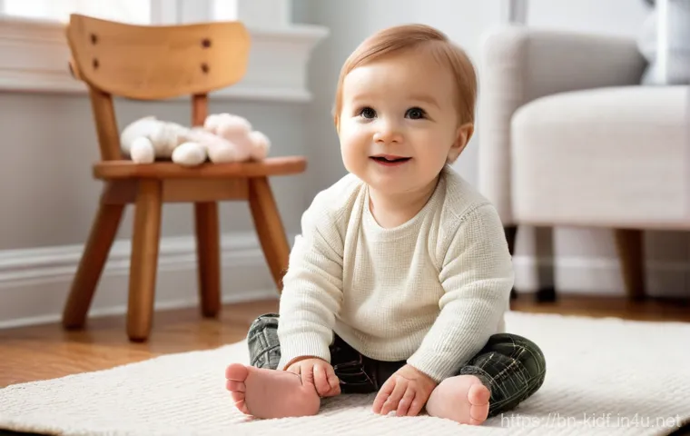 유아 겨울 패션 트렌드 - **Prompt:** A heartwarming indoor scene featuring a happy toddler, aged around 1-2 years, feeling th...