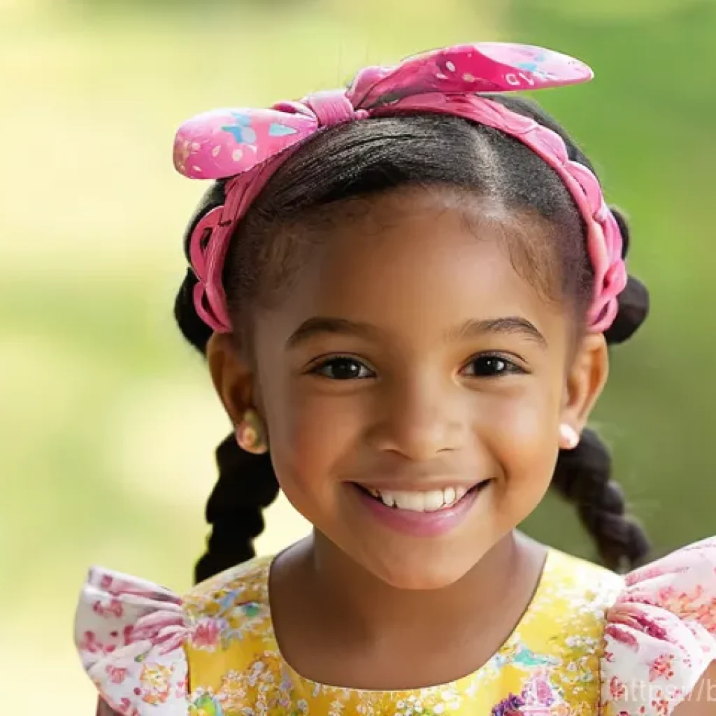 키즈용 패션 액세서리 - "A joyful and confident young girl, approximately 6 years old, with a radiant smile, showcasing her ...
