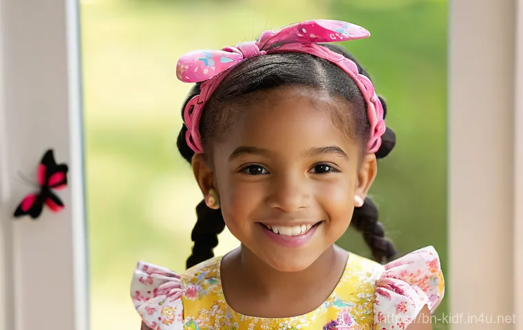 키즈용 패션 액세서리 - "A joyful and confident young girl, approximately 6 years old, with a radiant smile, showcasing her ...