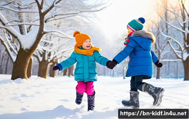 아동용 털 부츠 리뷰 - **Prompt:** A vibrant, cheerful scene of two children, approximately 5-7 years old, joyfully playing...