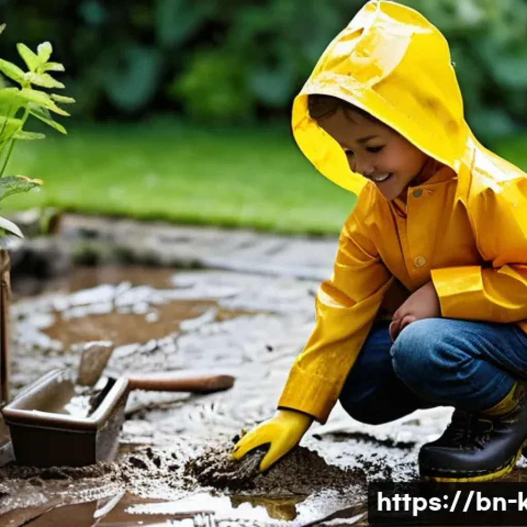 아동용 장화 관리법 - **Prompt:** A cheerful child, approximately 6-8 years old, wearing a bright yellow raincoat and dark...