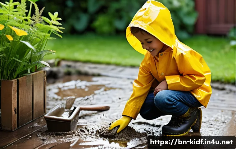 아동용 장화 관리법 - **Prompt:** A cheerful child, approximately 6-8 years old, wearing a bright yellow raincoat and dark...