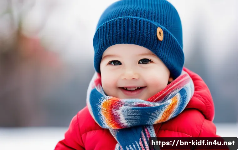 유아용 스카프 활용법 - A cute toddler wearing a soft cotton scarf loosely wrapped around the neck for warmth, dressed in co...