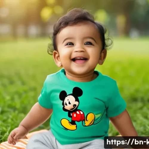 Home 32 아동용 캐릭터 티셔츠 - A joyful Bengali toddler wearing a soft, breathable cotton T-shirt featuring a popular cartoon chara...