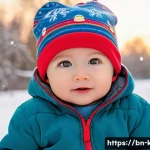 Home 19 어린이용 방한모자 스타일 - A cozy winter scene featuring a toddler wearing a soft, organic cotton hat with vibrant colors like ...