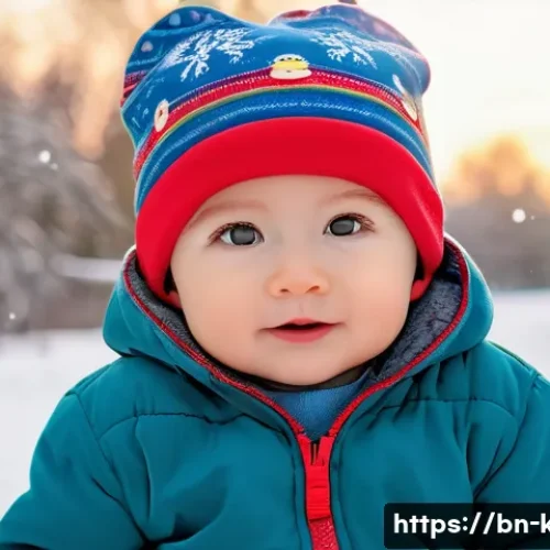 Home 31 어린이용 방한모자 스타일 - A cozy winter scene featuring a toddler wearing a soft, organic cotton hat with vibrant colors like ...