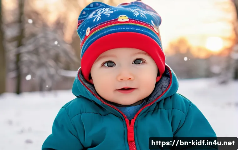 어린이용 방한모자 스타일 - A cozy winter scene featuring a toddler wearing a soft, organic cotton hat with vibrant colors like ...