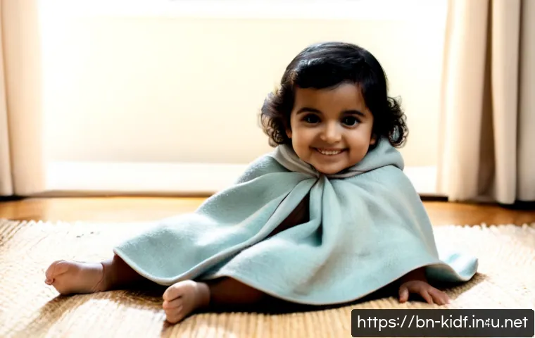 Home 17 유아용 담요 패션 활용 - Photorealistic lifestyle scene of a smiling toddler wearing a soft pastel baby blanket as a cozy cap...