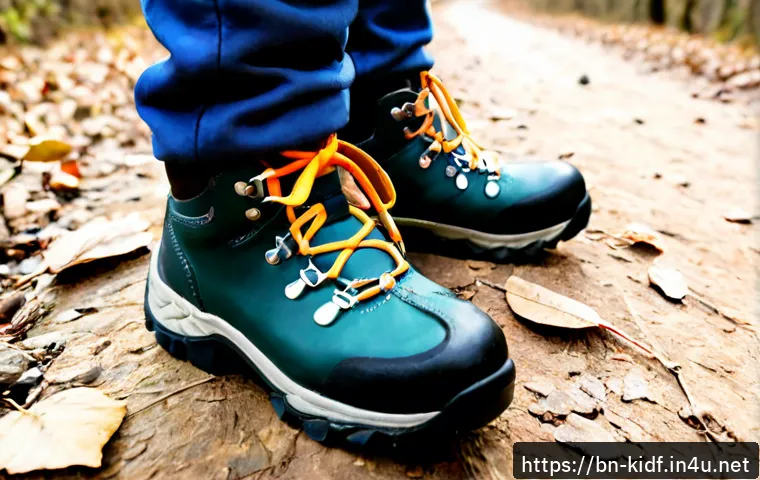 Home 17 아이들을 위한 등산화 - Photorealistic close-up of a child wearing sturdy colorful hiking boots with secure laces, standing ...