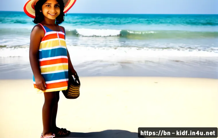 Home 17 아이 여름 휴가 패션 - Photorealistic cheerful Bengali child wearing a colorful lightweight cotton summer outfit, sun hat, ...